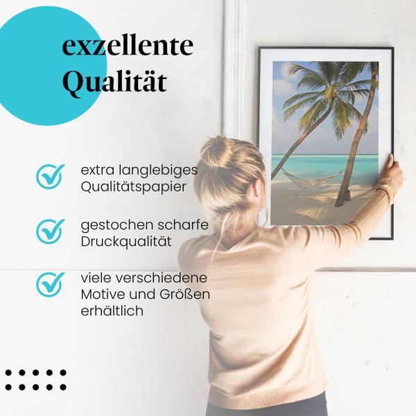 Gerahmtes Wandbild "Traumstrand, Hängematte, Palmen", langlebiges Papier, verschiedene Größen erhältlich.
